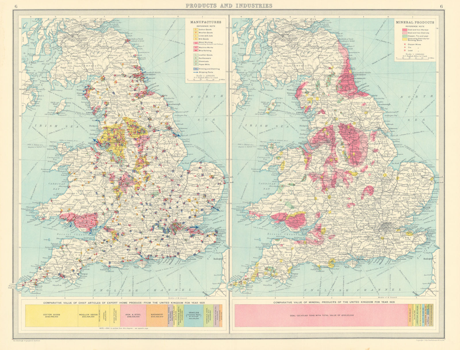 ENGLAND WALES Mining Manufacturing Products Industries Coal Cu Tin Pb 1939 map